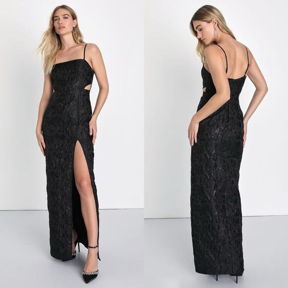 NWT Lulus Gorgeously Chic Floral Jacquard Cutout Maxi Dress in Black sz S - Picture 1 of 8